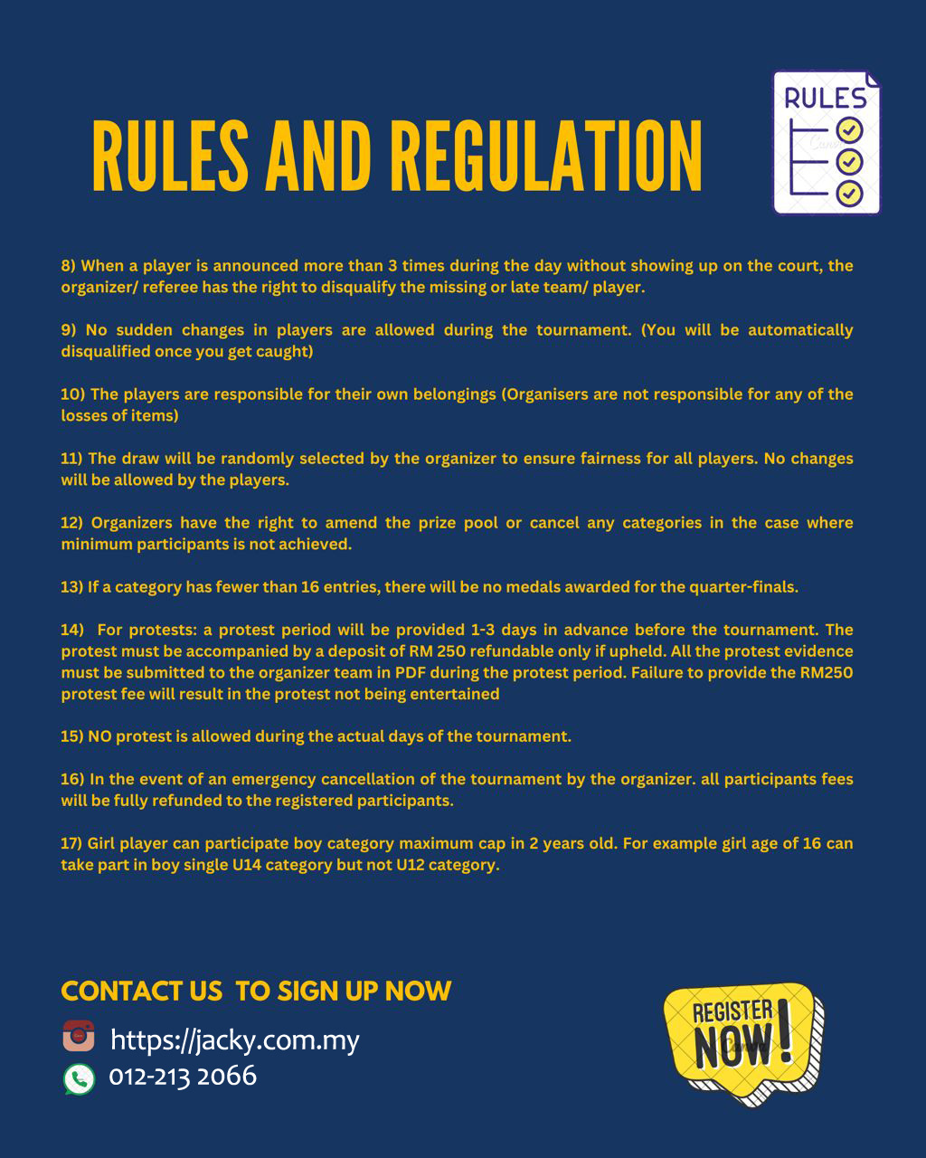 Tournament rules and regulations